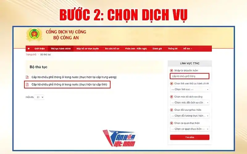Chọn dịch vụ