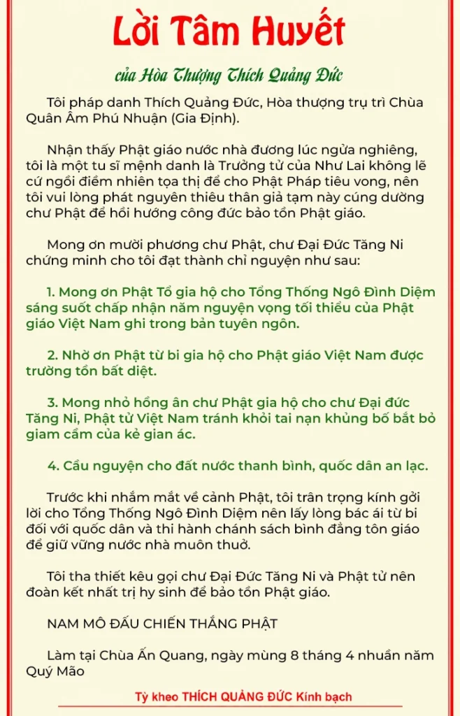 Lời nguyện tâm huyết của Hòa thượng Thích Quảng Đức