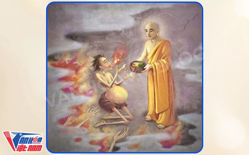 Hình ảnh ngài Mục Kiền Liên dâng cơm cho mẹ